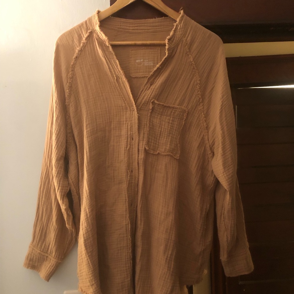 Airie Light Brown Gauze Button-Up Shirt